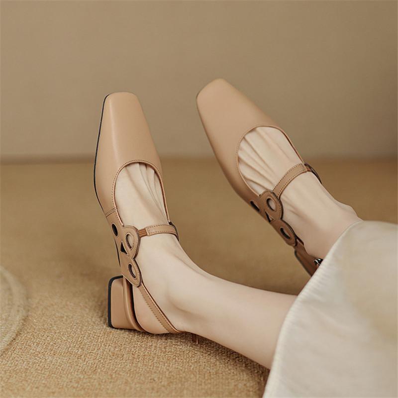 Fashion New Summer Sandals Cover Toe Sandals for Women Split Leather Sandals Fashion Hollow Out Square Toe Chunky Heels Women Shoes