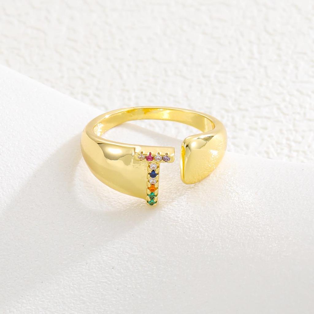 Fashionable Colorful Zircon Alphabet Adjustable Retro Ring