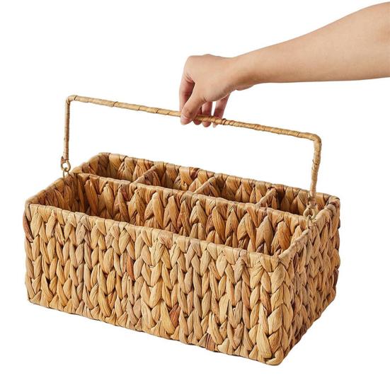 Кошик для столових приборів з 5 відділеннями Ручний плетений кошик для зберігання з ручкою Сільський органайзер для столових приборів для пікніка, барбекю, кухонної стільниці