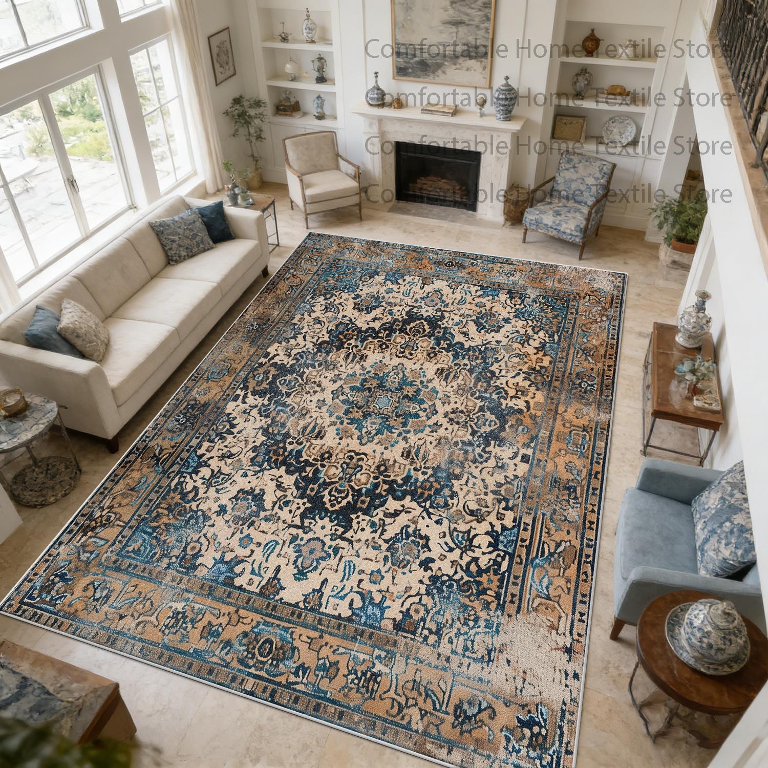 

Blue Retro Persian Style Washable Living Room Rug Home Decoration Luxury Non-slip Soft Carpet Large Size Short Velvet Floor Mats 60x90cm