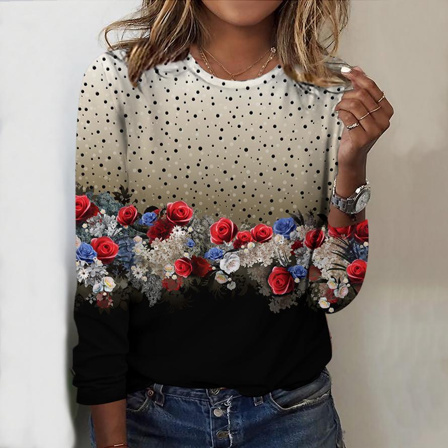 

Топи на весну й осінь Двоколірна футболка з принтом троянд і круглим вирізом з довгим рукавом Осінній повсякденний тонкий пуловер Жіночий топ з довгим рукавом 8XL