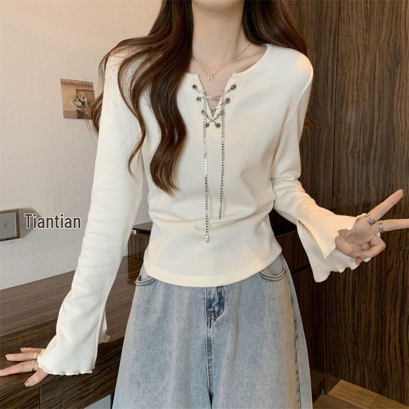 

Versatile Chain Chic V-Neck Lantern Sleeve Slimming Women s T-Shirt - Spring & Autumn 3XL (140-155 jin)
