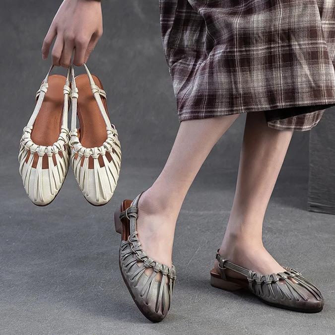 Johnature Gewebte, ausgehöhlte römische Sandalen mit niedrigem Absatz, echtes Leder, weiche Sohle, lässige, vielseitige Damenschuhe