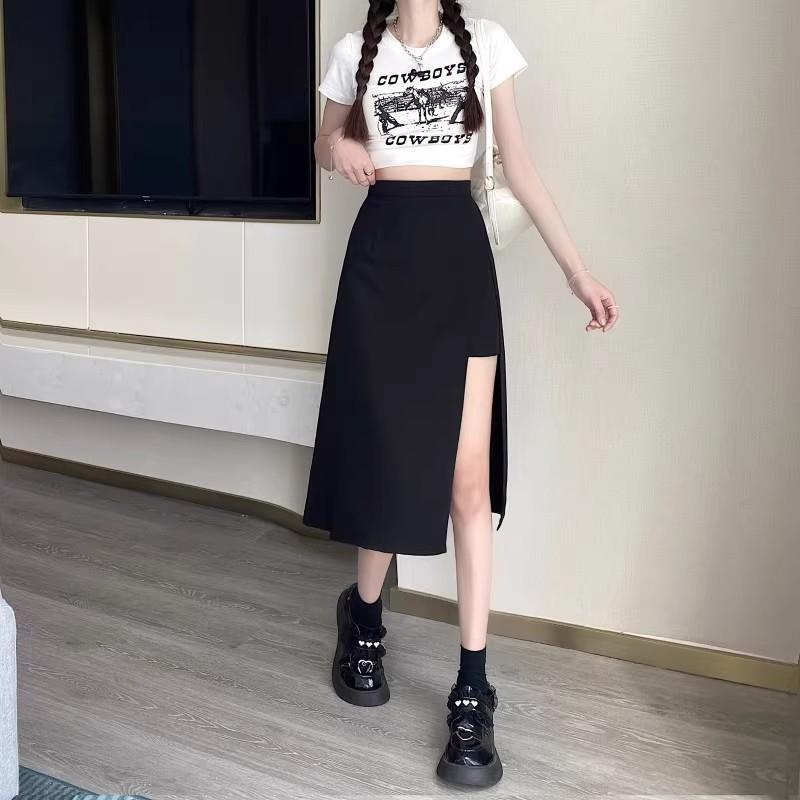Gonna Nera Vita Alta Sui Fianchi con Spacco Irregolare per Donna Estate Lunghezza Media Linea A Harajuku Vintage Abbigliamento Donna