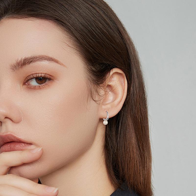 925 Sterling Silver Fashion Pearl Hoop Earrings New Jewelry for Women