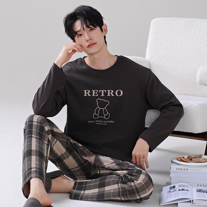 Pajamas men's spring and autumn pure cotton long-sleeved trousers men's teenagers can wear casual large-size loungewear in autumn