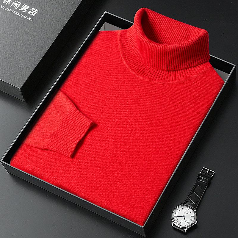 Men's High Neck Knit Sweater - Warm Solid Color Pullover for Middle-aged and Young Men