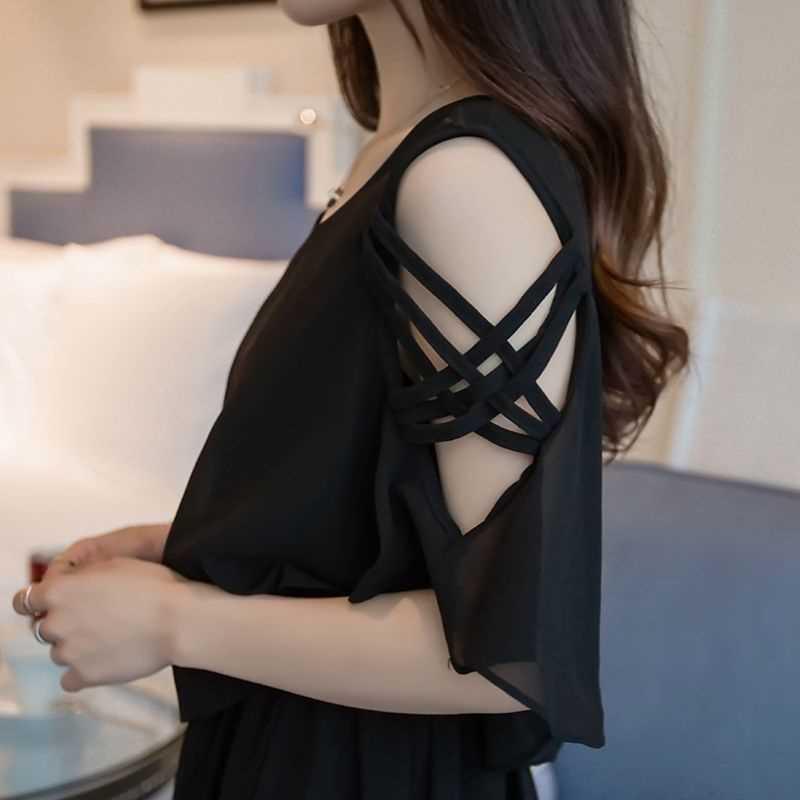 Plus Size Korean Style Chiffon Dress: Mid-Length, Slimming, Belly-Covering, Short Skirt