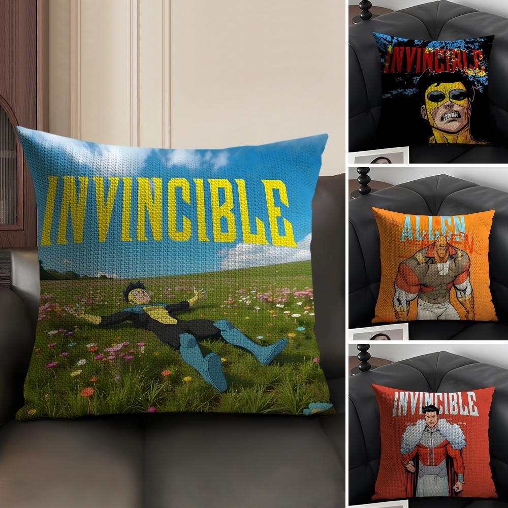 I-Invincible Funnyy Cartoon Cushion Cover Natural Linen Organic Fabric Double-Sided Printing Sofa Home Decor Gift Pillow Case