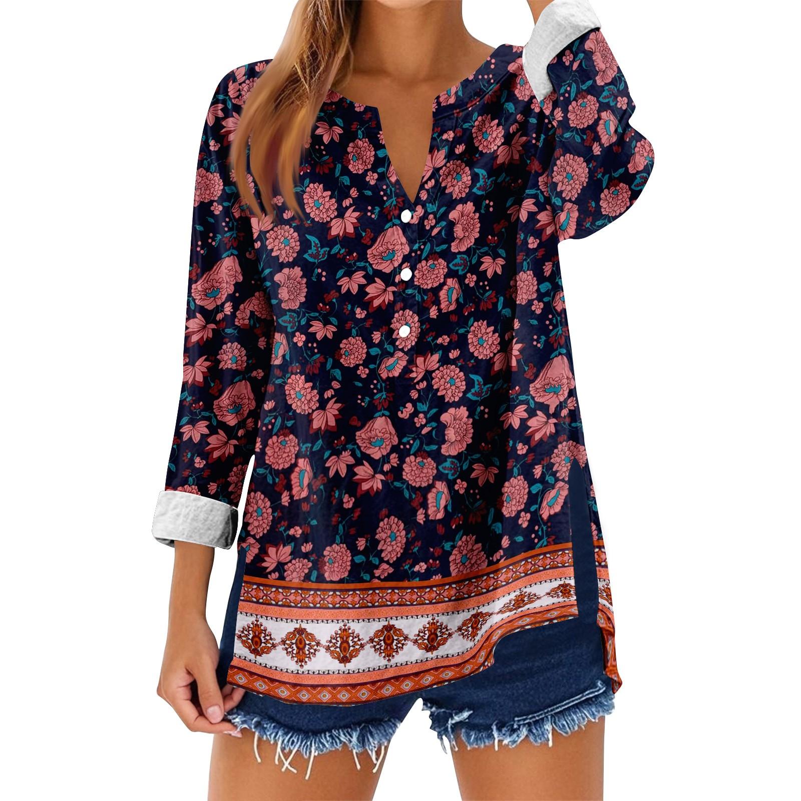 Women s Loose Floral Print Stand Collar Long Sleeve Cotton And Linen Top L