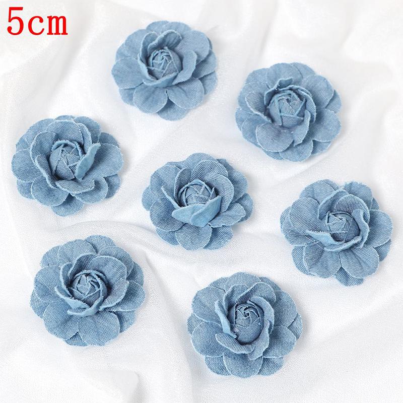 3/5Pcs 3.5/4.5/5/7/7.5CM Denim Artificial Blue Fabric Camellia Flower for Wedding Decor Women Handmade Cloth Corsage Accessory