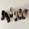 Leather Square-headed Fluffy Shoes with One Pedal, Retro Velvet To Keep Warm, Mary Jane Small Leather Shoes, New Cotton Shoes, Thick Heels, Single S