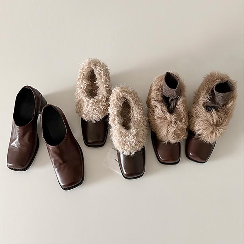 Leather Square-headed Fluffy Shoes with One Pedal, Retro Velvet To Keep Warm, Mary Jane Small Leather Shoes, New Cotton Shoes, Thick Heels, Single S
