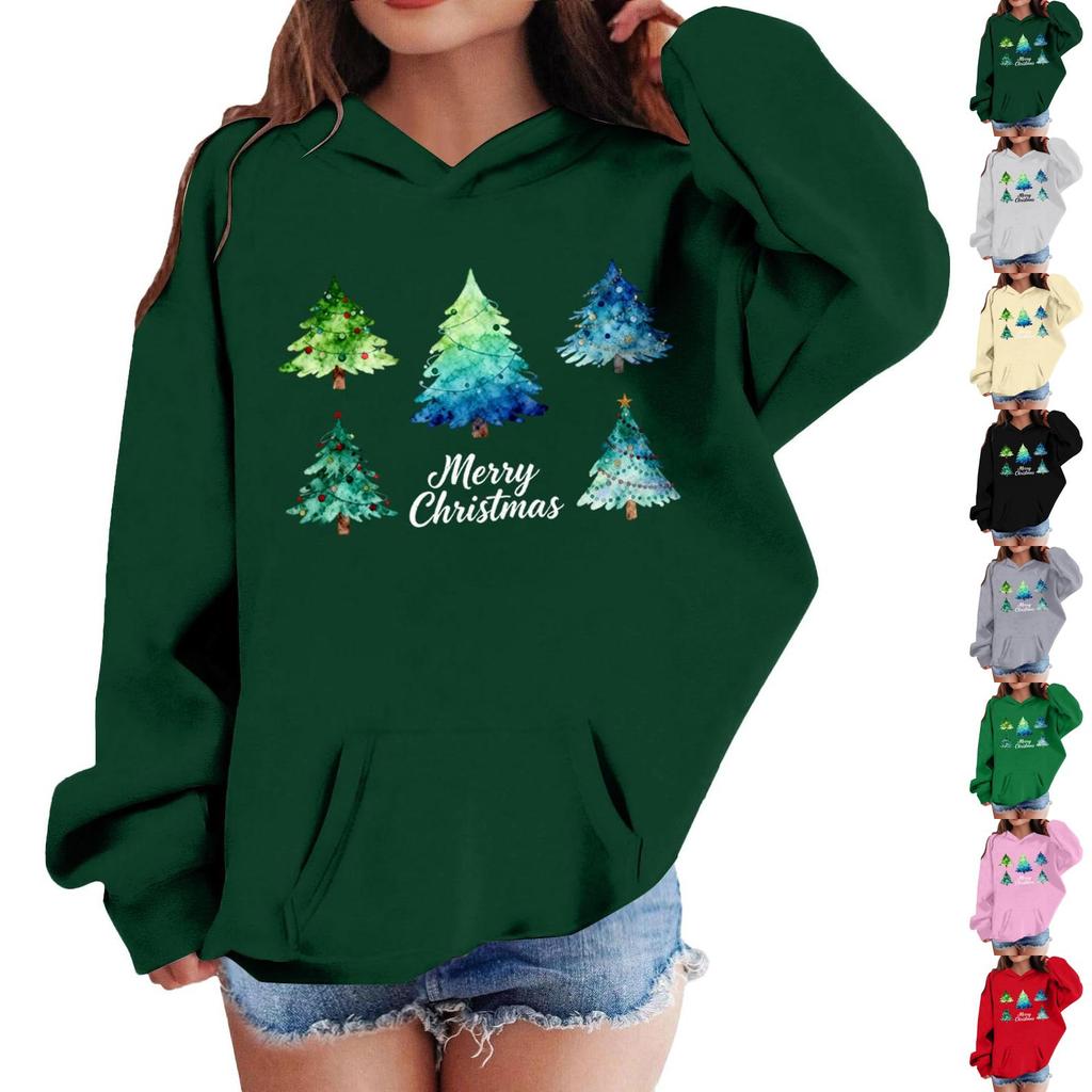 Felpa con cappuccio e stampa natalizia per bambina, manica lunga, pullover casual e comodo per le vacanze
