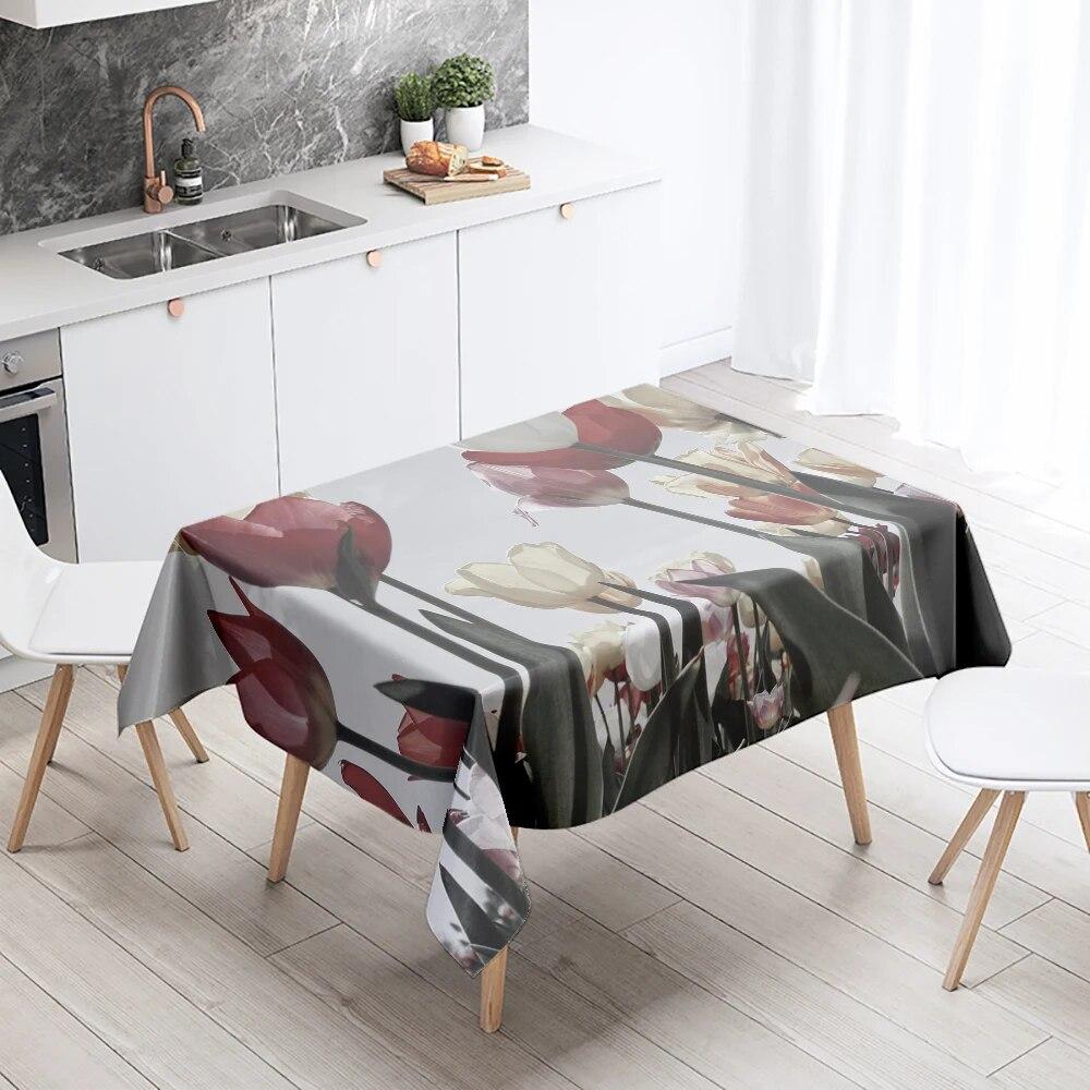 White Red Tulip Tablecloth Colorful Floral  Stain Resistant Waterproof Rectangular Kitchen Dining Table Home Decor