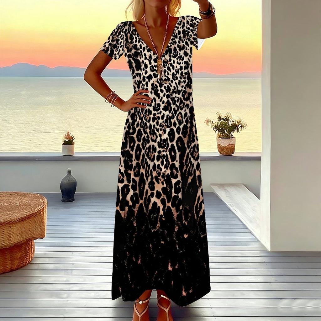 Women Plus Size V Neck Short Sleeve Maxi Dress Gradient Pink Leopard Print Loose Summer Beach Long Dress