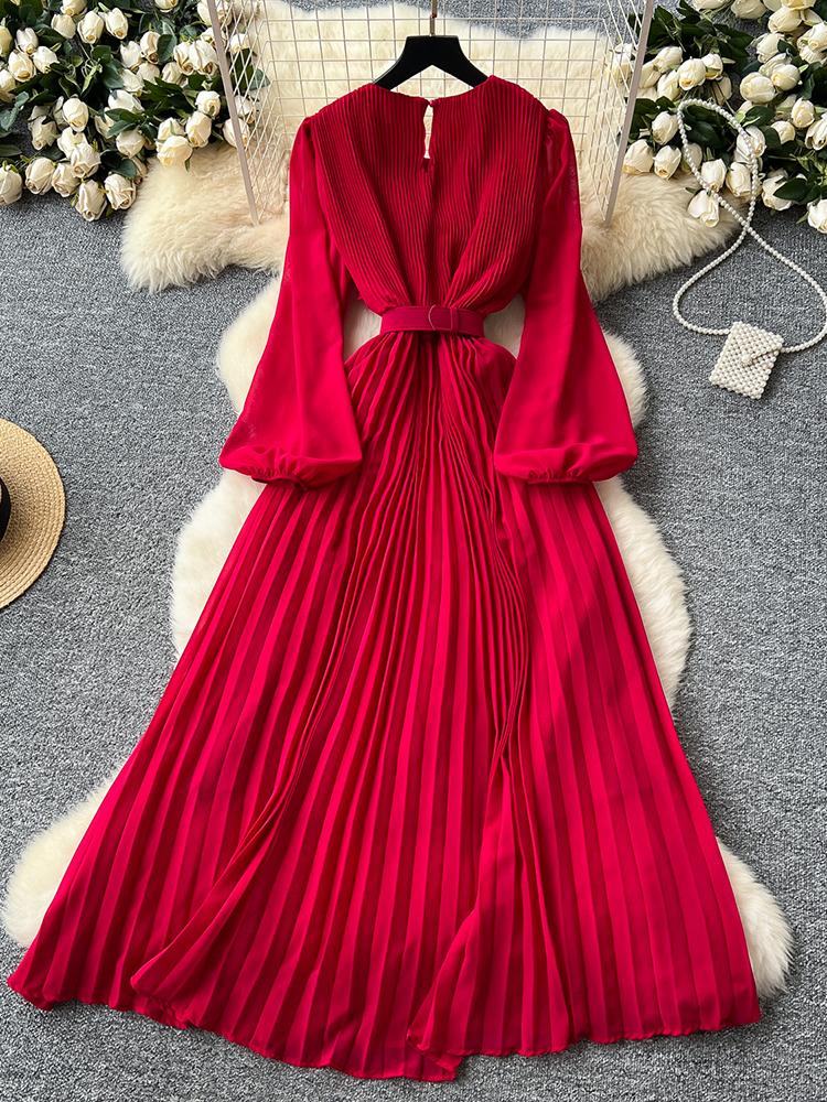 Vestido Elegante de Moda Primavera Outono para Mulheres Novo Francês Borda Cogumelo Crimpado Solto Chiffon Manga Longa Vestido Longo