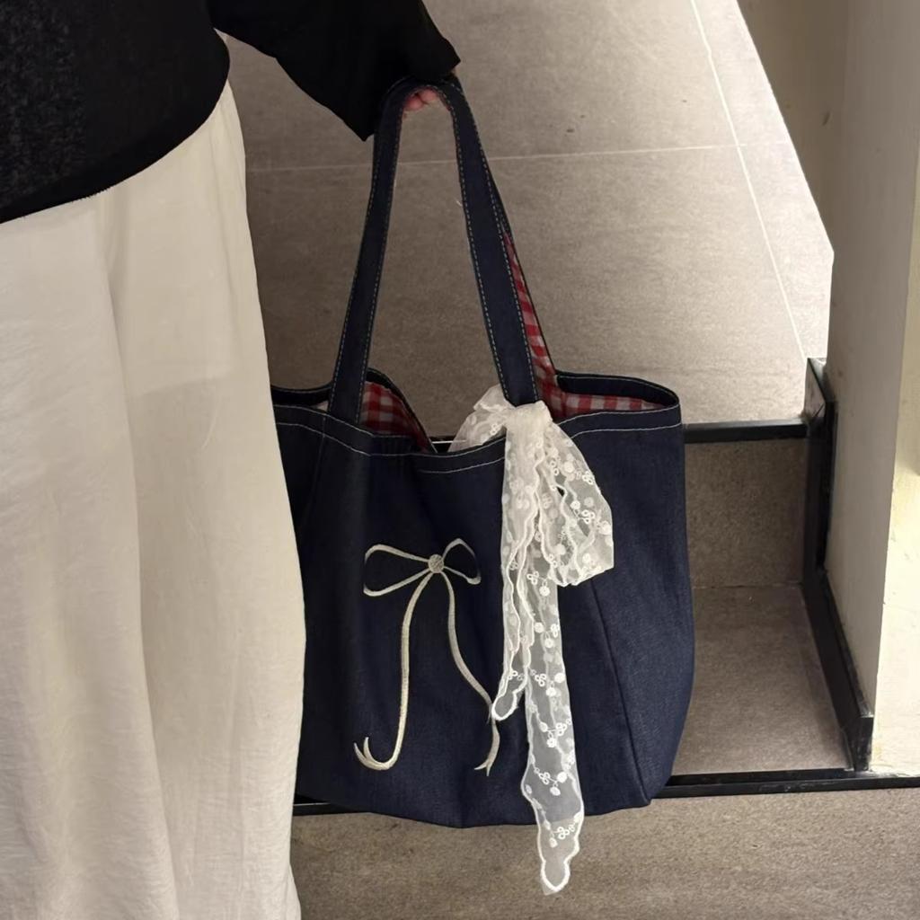 Lazy wind denim canvas bag bag female sweet bow shoulder bag commuter versatile large capacity