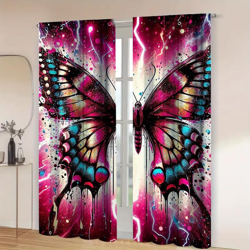 2PC Butterfly Curtain Set, Vivid Color Wings with  Effect On Dark Background, Mystical Drapes for Living Room & Bedroom Decor