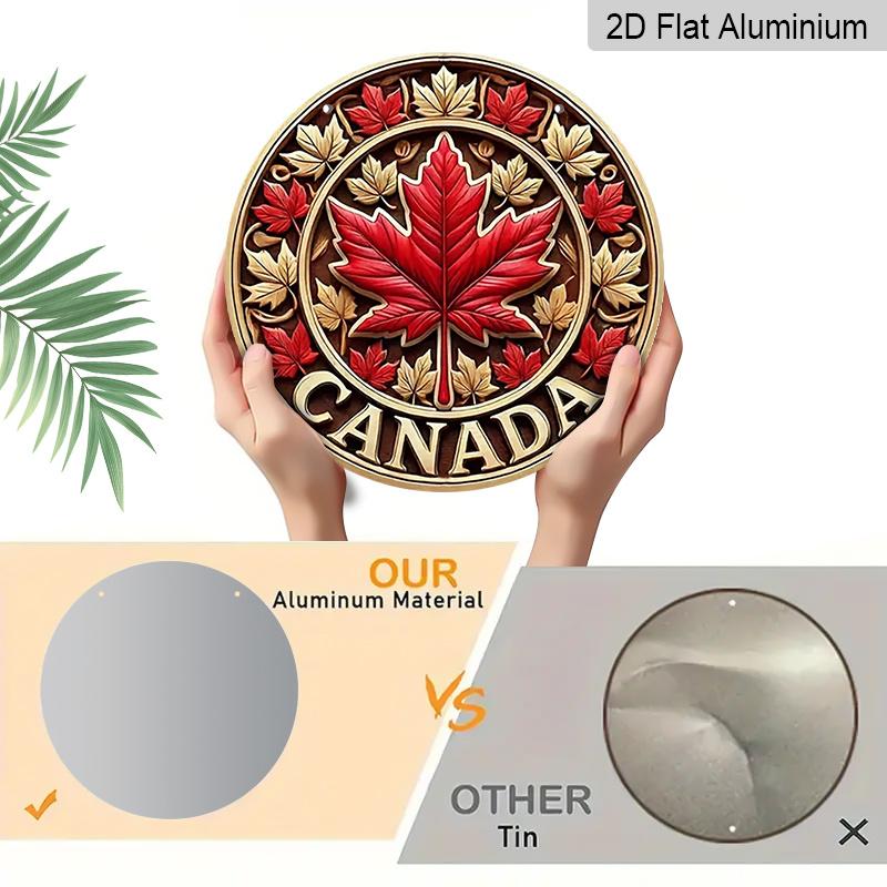 2D Flat Printed, 1pc Round Aluminum Canada Maple Leaf Sign, Retro Metal Wall Art, Vintage Style, Waterproof & Durable, Easy to Install, Perfect for