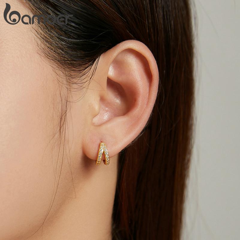 Bamoer Zircon Earrings 925 Silver Unique Double-layered Design Hoop Earrings Women Fine Jewelry