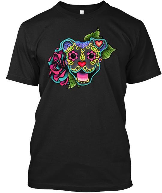 

Smiling Pit Bull In Blue Day Of Dead Pitbull Sugar Skull T-Shirt USA Made S-5XL S разноцветный