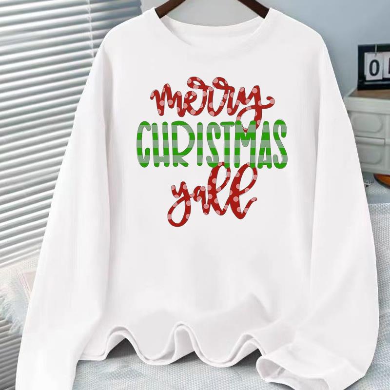 (Asian Size) lovely letter style Christmas holiday Graphic Tee Women autumn winter Casual Fashion Top Clothing Print T Shirt Long Sleeve T-shirts