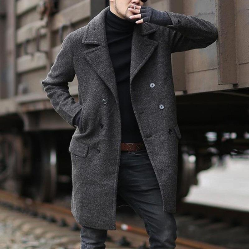 Winter New Double-breasted Medium-length Men's Lapel Woolen Trench Coat