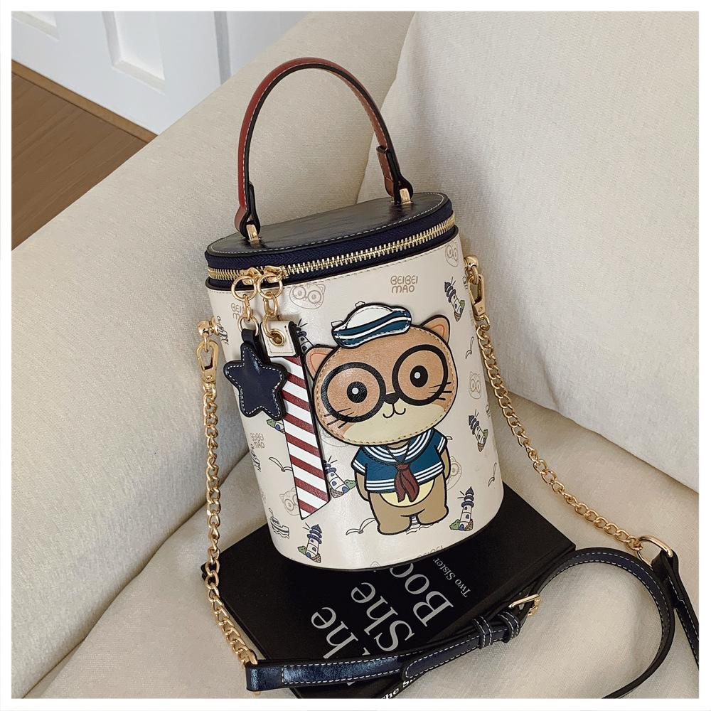 BEIBAOBAO New Cute Cartoon Cat Round Handbags High Texture PU Waterproof Women's One Shoulder Bag Popular Niche Small Basket Bags for Goddess Day Gift