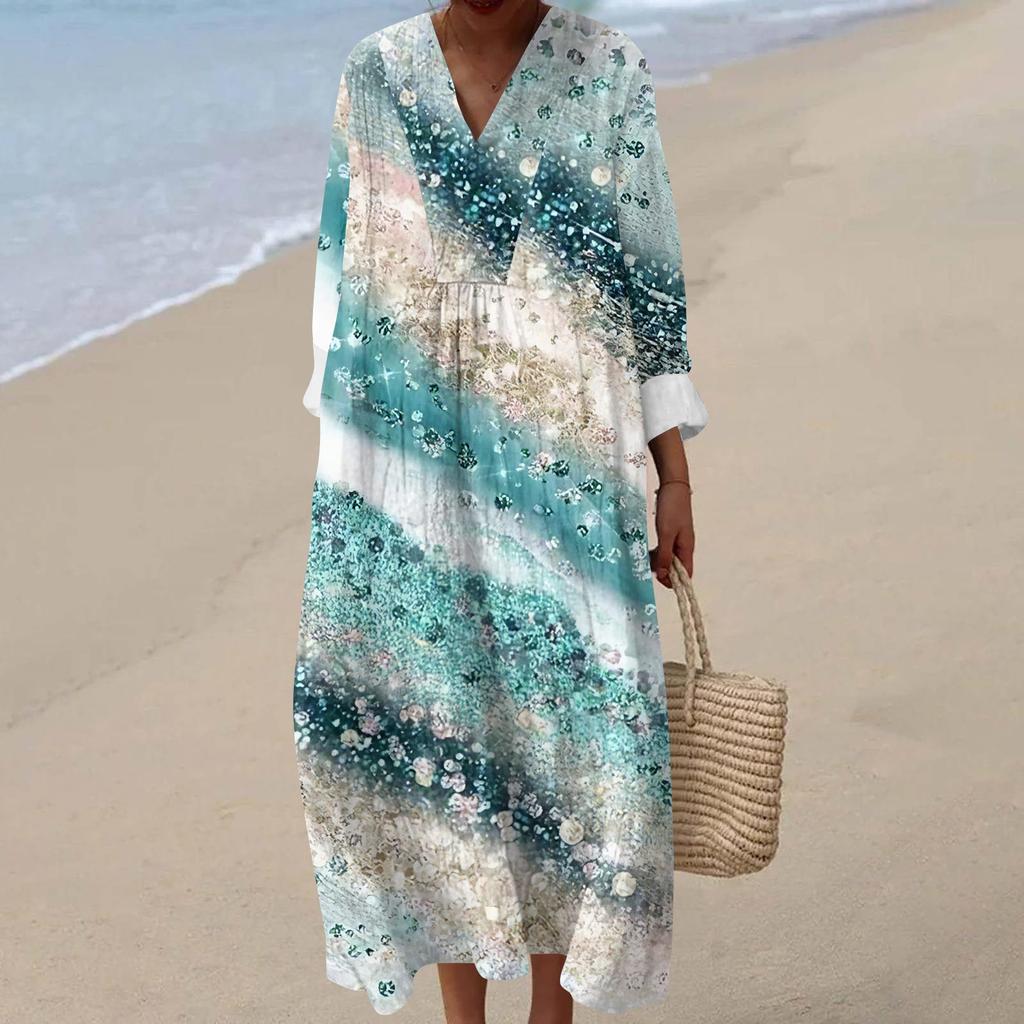 Women's Casual Fashion V-Neck Long Sleeve Floral Print Maxi Dress