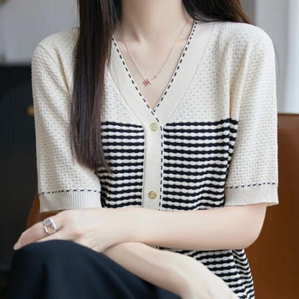 NaVaVa V Neck Short sleeVe Knit Cardigan Color Block Striped Nk3078