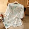 Luxury Summer Retro New Chinese Style Printed High-end Ramie Top Short Cotton and Linen Zen Tea Shirt