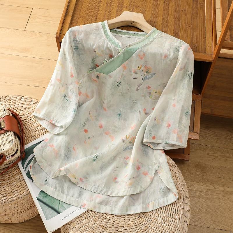 Luxus Sommer Retro Neuer Chinesischer Stil Bedrucktes High-End Ramie Oberteil Kurzes Baumwoll-Leinen Zen Tee Hemd