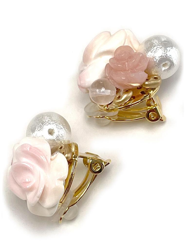 Queen Conch Shell Pink Opal Rose Rose Quartz Cotton Pearl Earrings with Silicone Cover Natural Stone Power Stone A1104 [Cherry]
