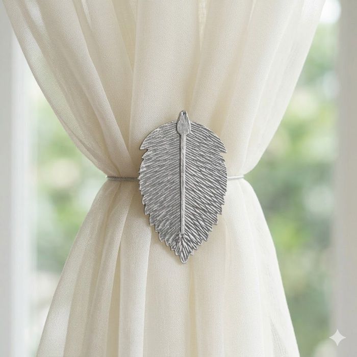 Embrasse aimantée - EDEN - Feuille - métal patiné - gris argent - L30 x 6,5 x 11,5 cm