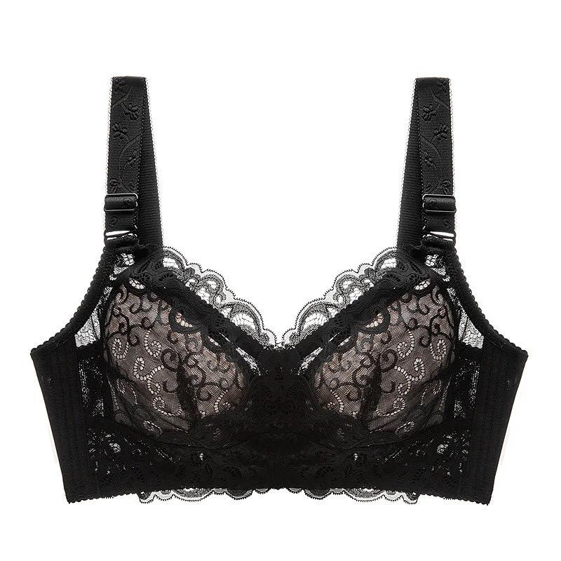 

Женский бюстгальтер большого размера с полными чашками, дышащий бюстгальтер без стального кольца, ультратонкий мягкий сексуальный кружевной бюстгальтер с цветочным принтом, прозрачный бюстгальтер, регулируемое нижнее белье с вырезами 75B чёрный