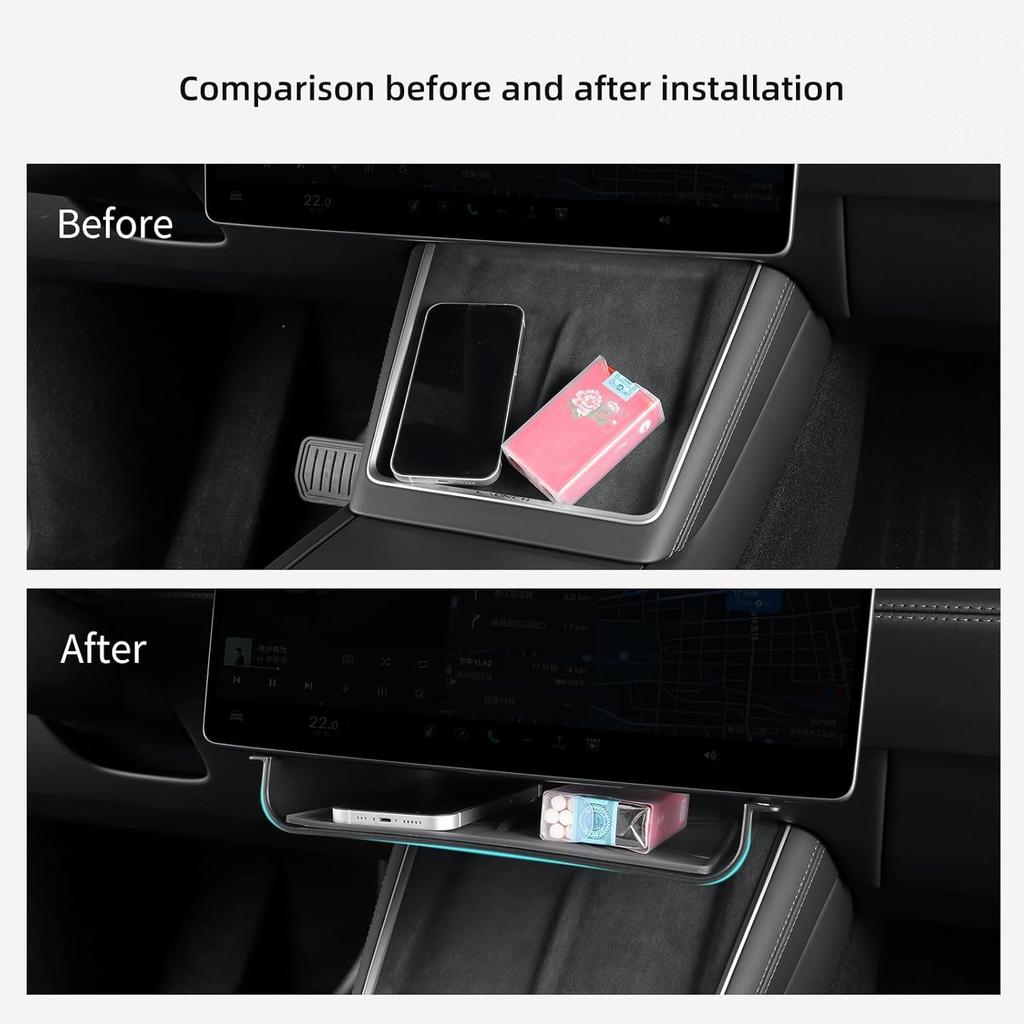 Vassoio portaoggetti nascosto sotto lo schermo LUCKEASY per Tesla Model Y Juniper 2025 2026/Model 3 Highland 2024 2025, organizer per console centrale a scomparsa in ABS