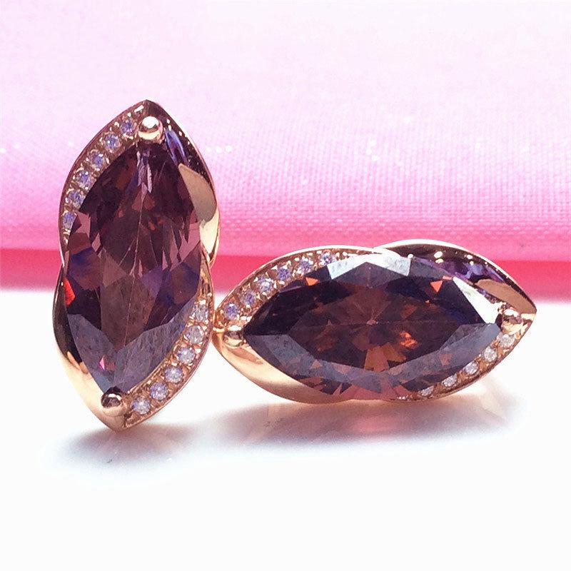 Exquisite Russian 585 Purple Gold Inlaid Smoke Stone Earrings Women'S High-End Temperament Color Gold Plated Rose Gold Earrings