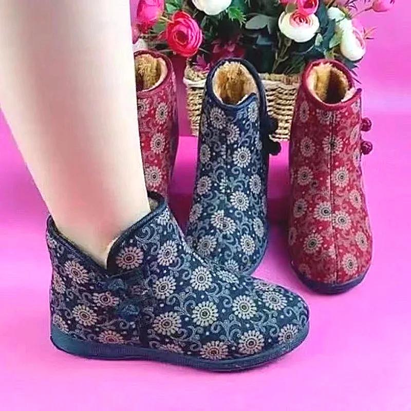 Winter Boots Non-Slip Booties Elderly Women Shoes Warm Print Snow Boots Furry Fur Velvet Cotton Cloth Cozy Ankle Boots