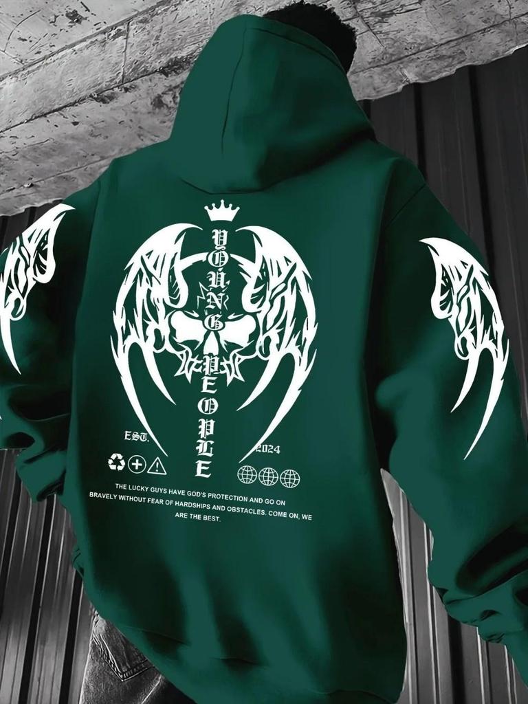 New European and American autumn men's Gothic skull letter print micro elastic comfortable hooded sweatshirt outdoor street top