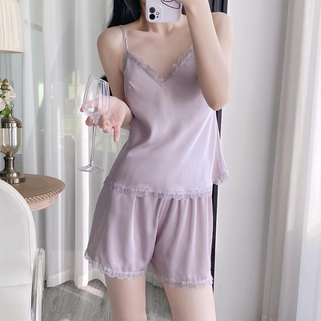 Women's Summer Ice Silk Lace Trim Pajama Set with Chest Pads