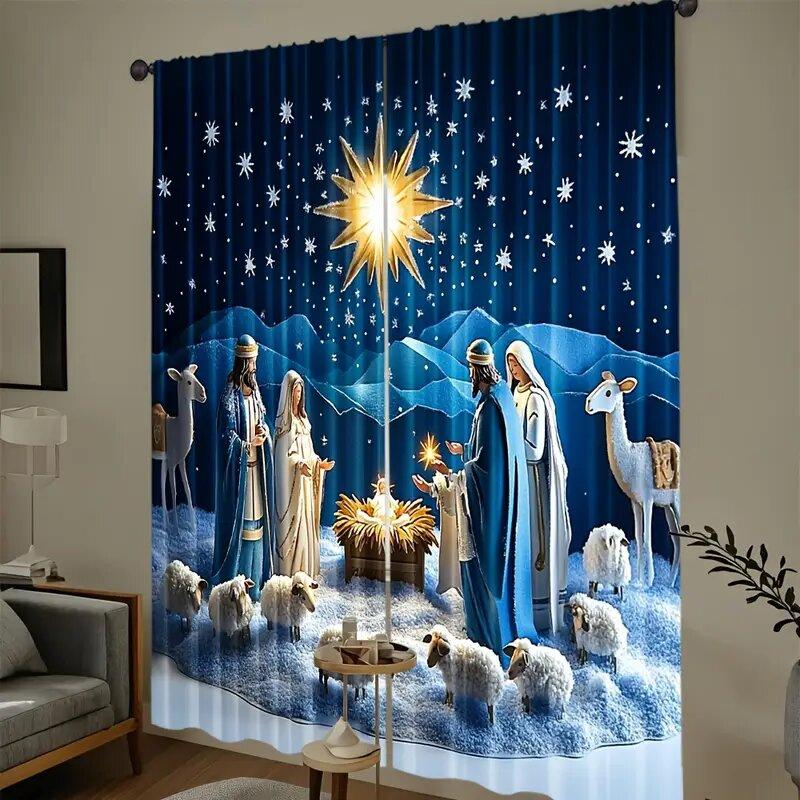 Christmas starlight scene curtains   pole bag curtains   bedroom and living room decoration   home decoration   Christmas decoration
