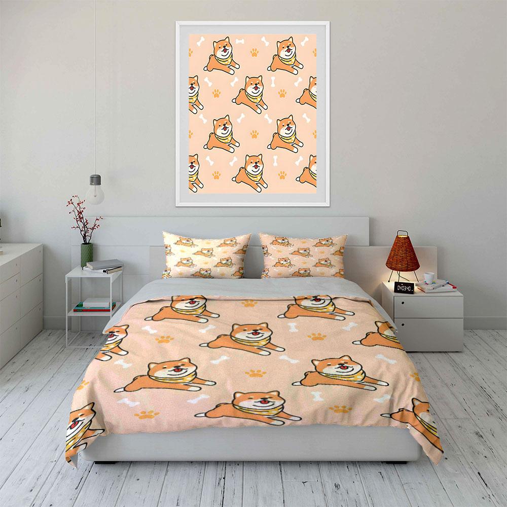 3Pcs Cute Shiba Inu Bedding Set, Kawaii Shiba Puppies Pattern Print Duvet Cover + 2 Pillowcases, Dog Lover Decor