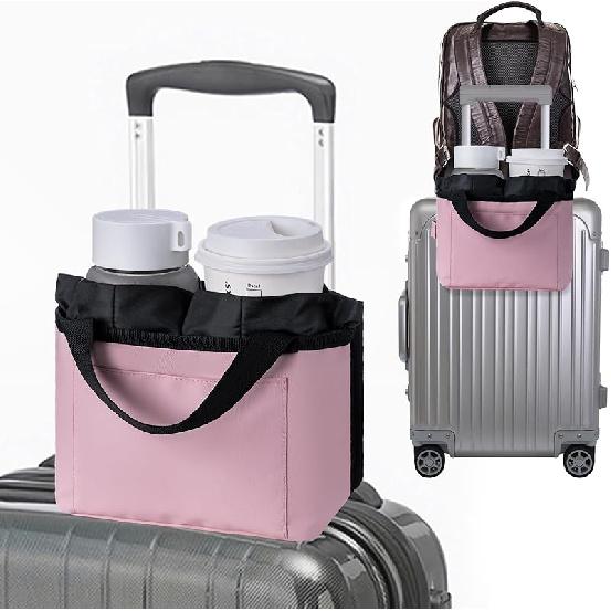 Luggage Cup Holder - Multifunctional Travel Caddy - Fits Suitcase Handles, Also, As A Stroller & Automotive Cup Holder - Pink