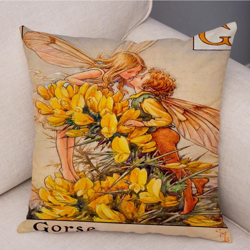Vintage Floral Girl Pillowcase Decor Cute Cartoon Flower Elf Fairy Tale for Sofa Home Pillow Case Soft Plush Cushion Cover