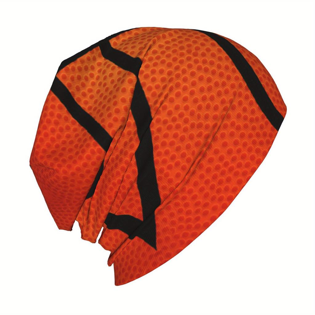 Biihudu Sport Basketball Skullies Beanie Hat - Realistic Orange & Black Basketball Texture Design, Stretchy Comfort Fit For Spor