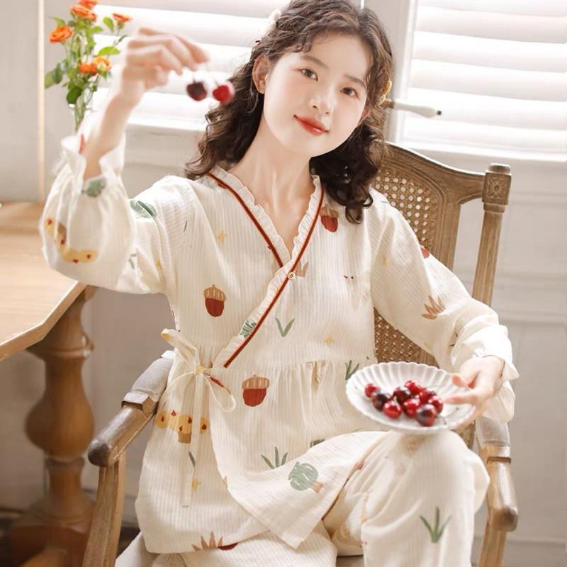 Süße japanische Prinzessin bestickte Heimkleidung Damen-Schlafanzug Langarm Frühling Herbst Reine Baumwollgaze Dünnes Loungewear-Set