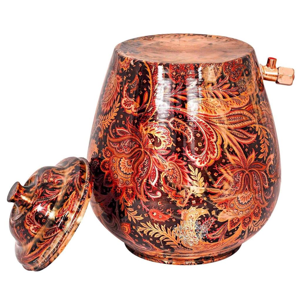 Printed Design Copper Water Dispenser Pot Matka, Stoarage, Home Garden, 10 LTR, Dark Brown