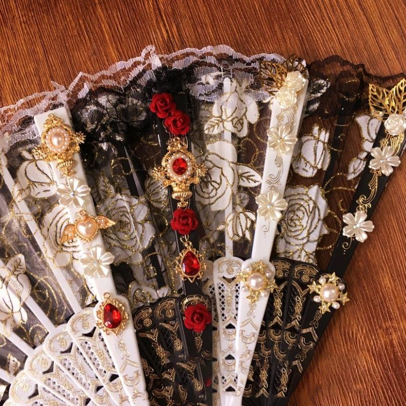 Faltbarer Weißer Spitzenfächer Handheld Lolita Cosplay Barock Rose Schwarz Faltbarer Vintage-Fächer für Party Hochzeit Tanz Dekoration