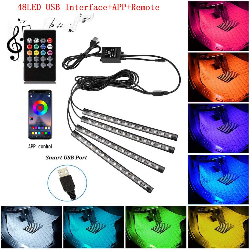 LED interiér auta pruh ambientního nožního světla Sada neonové osvětlení Sada podsvícení s aplikací USB Remote App Ovládání hudby Automatické RGB dekorativní lampy